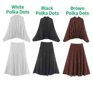 Polka Dot Polyester Shirt And Skirt Women Long Sleeve Bow Tie Blouse And High Waist A-Line Maxi Skirt Retro Leisure