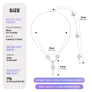 Tableau des tailles détaillé pour collier de dos de mariée en strass avec dimensions.