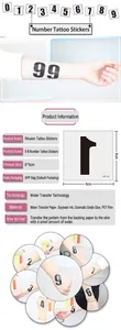 Detail view of waterproof temporary number tattoo stickers showing 6x6cm dimensions