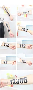 Detailed view of waterproof numerical temporary tattoo stickers shown on forearms