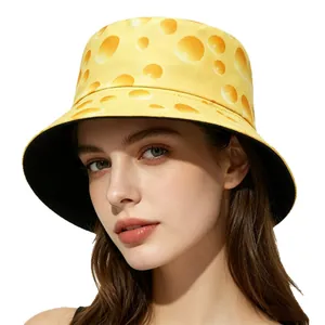Fashionable reversible bucket hat featuring a creative yellow Swiss cheese food print design