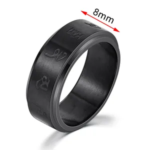 Black Stainless Steel Rotatable Spinner Ring For Men Six Character Mantra Scripture Matte Anti Stress Band Ring Fashion Jewelry