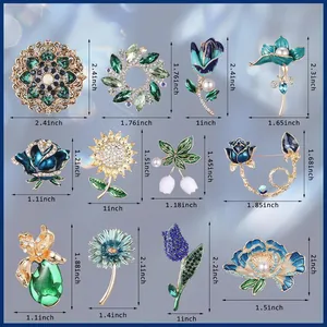 Detailed size chart for various floral pearl crystal brooches with inch measurements