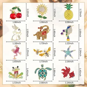 Detailed size chart for various animal and plant crystal rhinestone brooches in inches.
