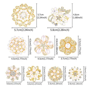 Detailed dimension guide for variety of golden pearl and crystal flower brooches