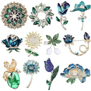 Elegant assorted set of 12 floral and bee pearl brooches with colorful rhinestones