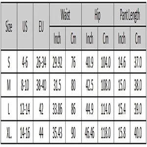 Detailed size chart for women's loose drawstring denim shorts with US and EU measurements