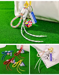 Vibrant woven rope soccer ball keychains with flags and field theme decorative tags