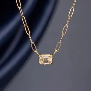 Elegant gold paperclip chain necklace with emerald-cut yellow zircon pendant