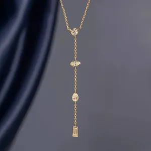 Elegant gold Y-shaped necklace with round marquise pear and baguette zircons