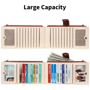 Detailed view of beige women's long wallet showing multi-slot card capacity and zipper