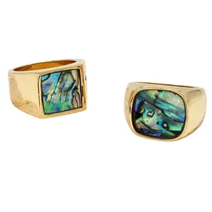 Minimalist men's titanium steel rings in gold finish with colorful abalone shell inlay