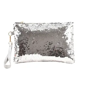 Elegant sparkling silver sequined evening clutch bag with wrist strap for women party wear