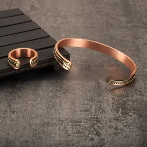 Set di gioielli magnetici in rame puro con bracciale intrecciato e anello regolabile a mano