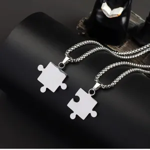 Polished stainless steel puzzle piece pendant necklaces for couples with box chains