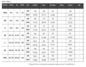 Tableau des tailles détaillé pour le haut en tricot ajusté à manches longues Y2K avec mesures