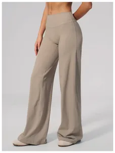 Detailed view of high-waist wide-leg brushed athletic pants for women in khaki