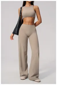 Complete view of women's beige brushed wide-leg yoga set featuring high waist pants