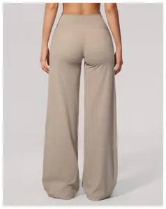 Back view of women's brushed wide-leg sports pants in taupe with slimming high-waist fit