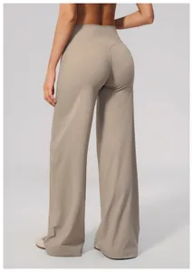 Detailed back view of women's high-waisted brushed wide-leg athletic yoga pants in khaki