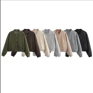 Women Tweed Bomber Jacket Short Single Breasted Casual Round Neck Long Sleeve Ribbed Trim Soft Outwear