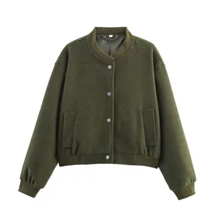 Front view of an olive green casual bomber jacket with snap buttons and ribbed trim.