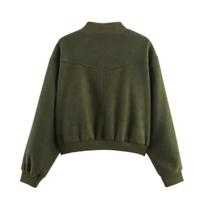 Detailed back view of a dark green cropped wool-like casual jacket with ribbed trim
