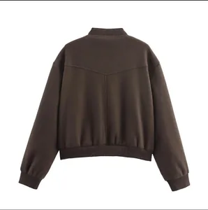 Detailed back view of a stylish casual dark brown soft tweed bomber jacket with ribbed trim.