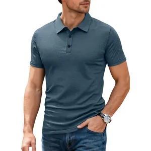 Polo respirant haut de gamme en crépon de maille pour homme en soie glacée gris-bleu
