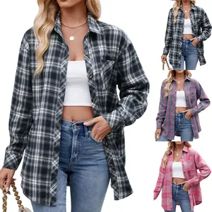 Women Oversized Plaid Shirt Jacket Casual Long Sleeve Single Breasted Shacket With Pocket Streetwear Autumn Winter Top