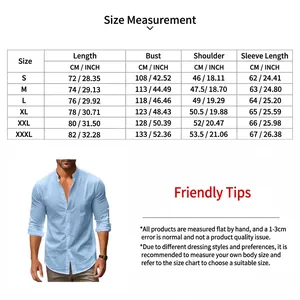 Größentabelle für hellblaues Leinenhemd für Herren, langärmliges Henley-Shirt