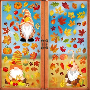 Detailed view of Thanksgiving static window clings featuring gnomes and autumn leaves.