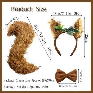 Detailed size specifications for the brown faux fur wolf ear and tail costume set