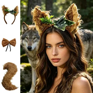 Realistic furry wolf ears headband and tail costume set for Halloween animal cosplay party