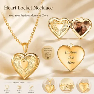 Heart Locket Necklace Stainless Steel Photo Frame Pendant Engraved Floral Pattern Vintage Jewelry For Women Men
