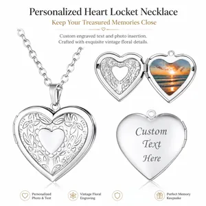 Personalized silver heart locket necklace with vintage floral engraving and custom photo