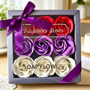 Detailed macro view of a luxury nine-count rose soap flower gift box with a purple ribbon bow