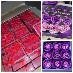 Detailed view of elegant purple and red rose soap flower gift boxes for Mother's Day.