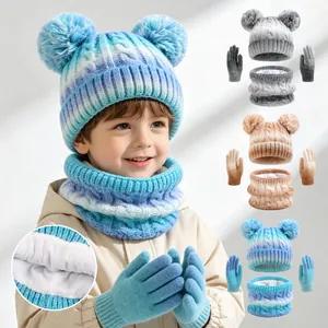 Kids Winter Knit Hat Scarf And Gloves Warm Fleece Lined Gradient Tie-Dye Dual Pom Pom Cable Knit Children Toddlers Accessory