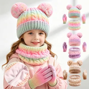Children's winter 3-piece knit hat scarf glove set with gradient tie-dye and plush lining.
