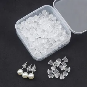 Soft clear silicone earring safety backs set in plastic storage box for stud earrings