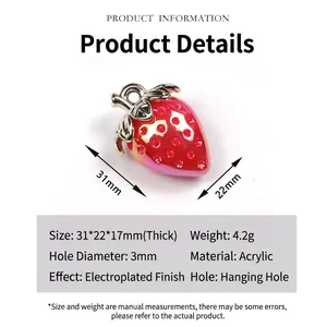Detailed macro view of acrylic strawberry pendant with dimensions and material specs