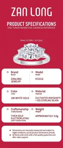 Detailed specs of S925 sterling silver 3ct round Moissanite ring with baguette stones