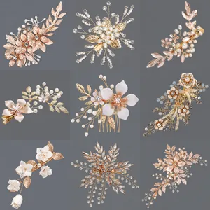 Handmade Floral Bridal Hair Clip Gold Alloy Imitation Artificial Pearl Rhinestone Wedding Hairpin Vintage Headpiece For Women Jewelry