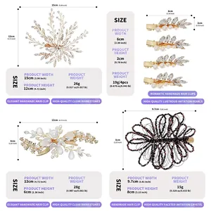 Detailed size and weight chart for various handmade floral and pearl bridal hair clips