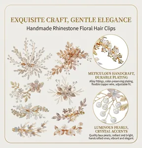 Detailed view of handcrafted bridal floral hair clips with rhinestones and pearls