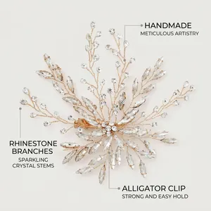 Detailed view of handmade crystal bridal hair clip with rhinestone branches and clip