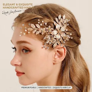 Handcrafted floral bridal hair clip with pearls and crystals for wedding accessories