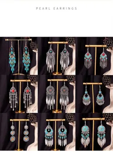 Detailed collage of Bohemian ethnic style long tassel drop earrings in various designs