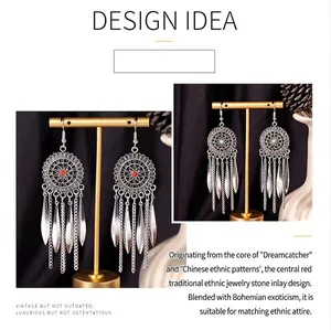 Vintage Bohemian dreamcatcher tassel earrings with silver finish and red/blue beads.